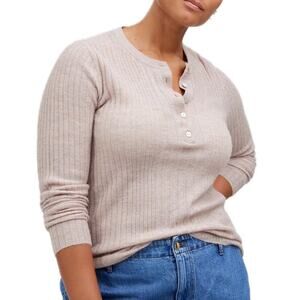 Madewell Lightweight Neutral Ribbed Slim Fit Alpaca Blend Henley Sweater in Sand